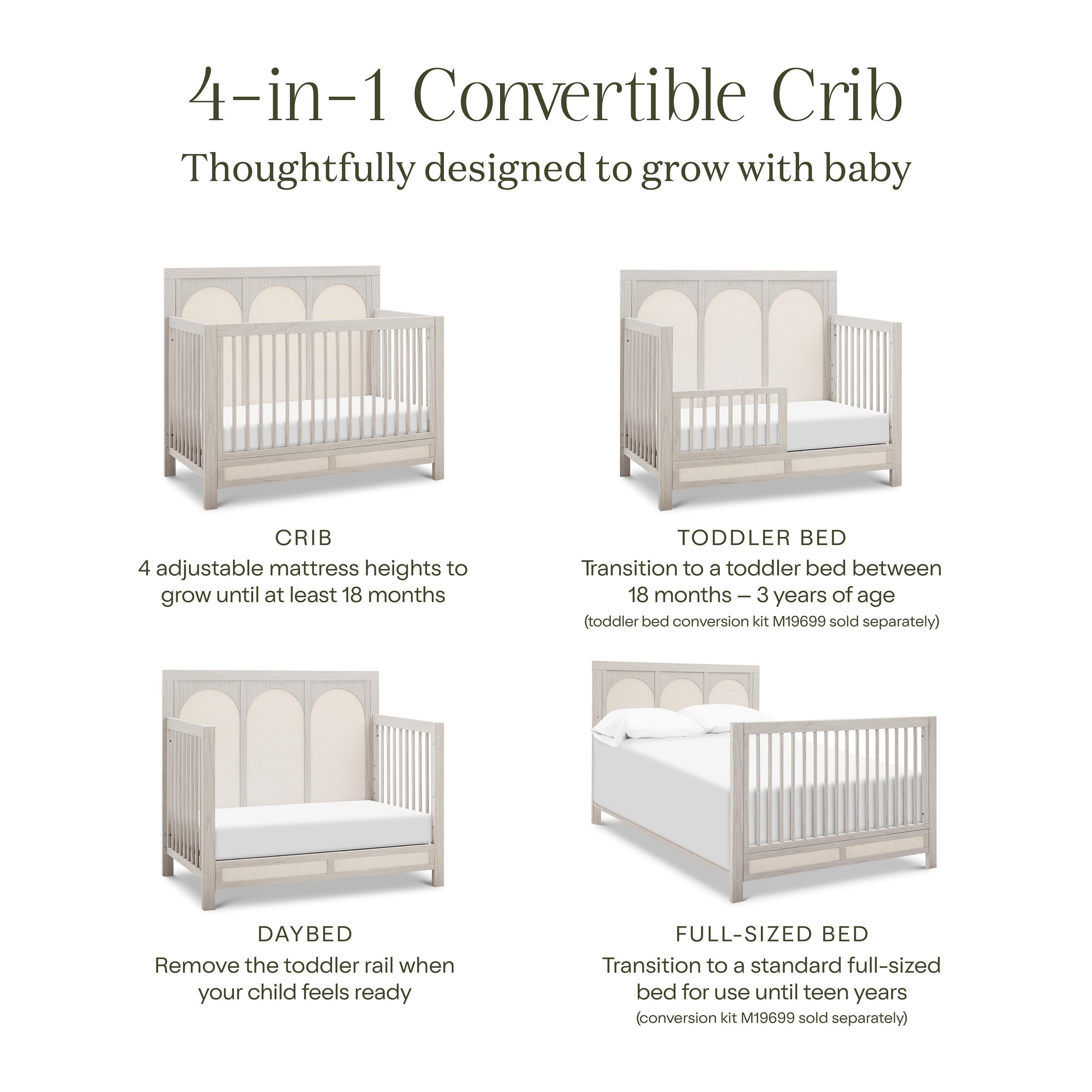 M24801WDFPEW,Eloise 4-in-1 Convertible Crib in White Driftwood and Performance Pearl Eco-Weave