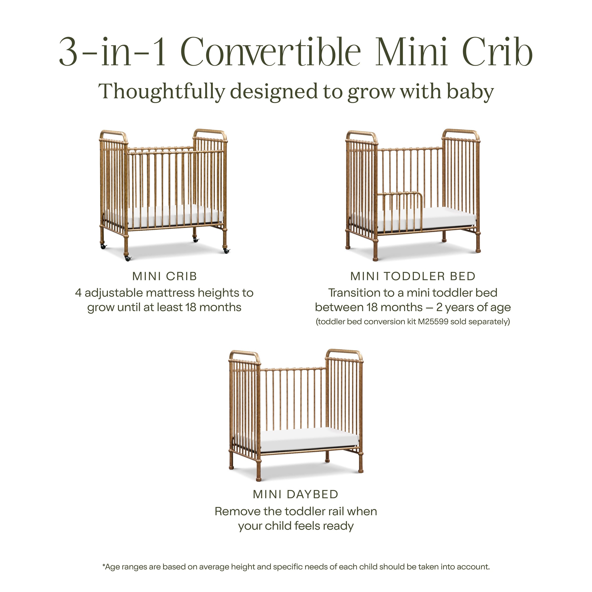 M15598VG,Abigail 3-in-1 Convertible Mini Crib in Vintage Gold