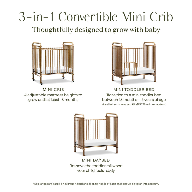 M15598VG,Abigail 3-in-1 Convertible Mini Crib in Vintage Gold