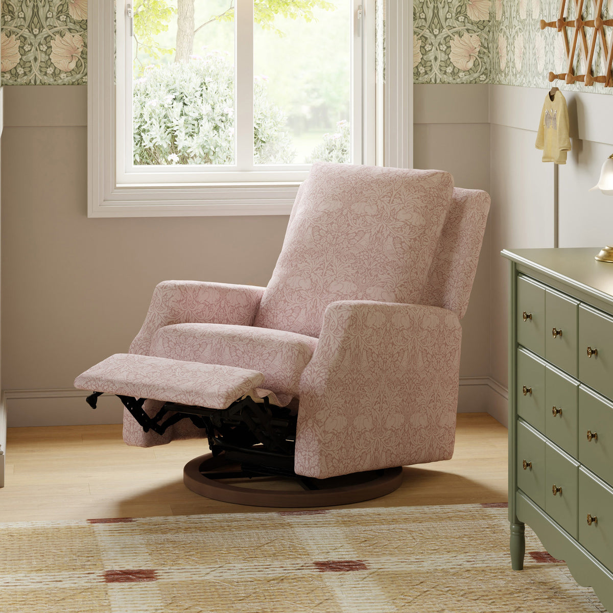 M22287PBRRDB,Morris & Co. x Namesake Crewe Recliner & Glider in Pure Brer Rabbit in Rose w/Dark Wood Base