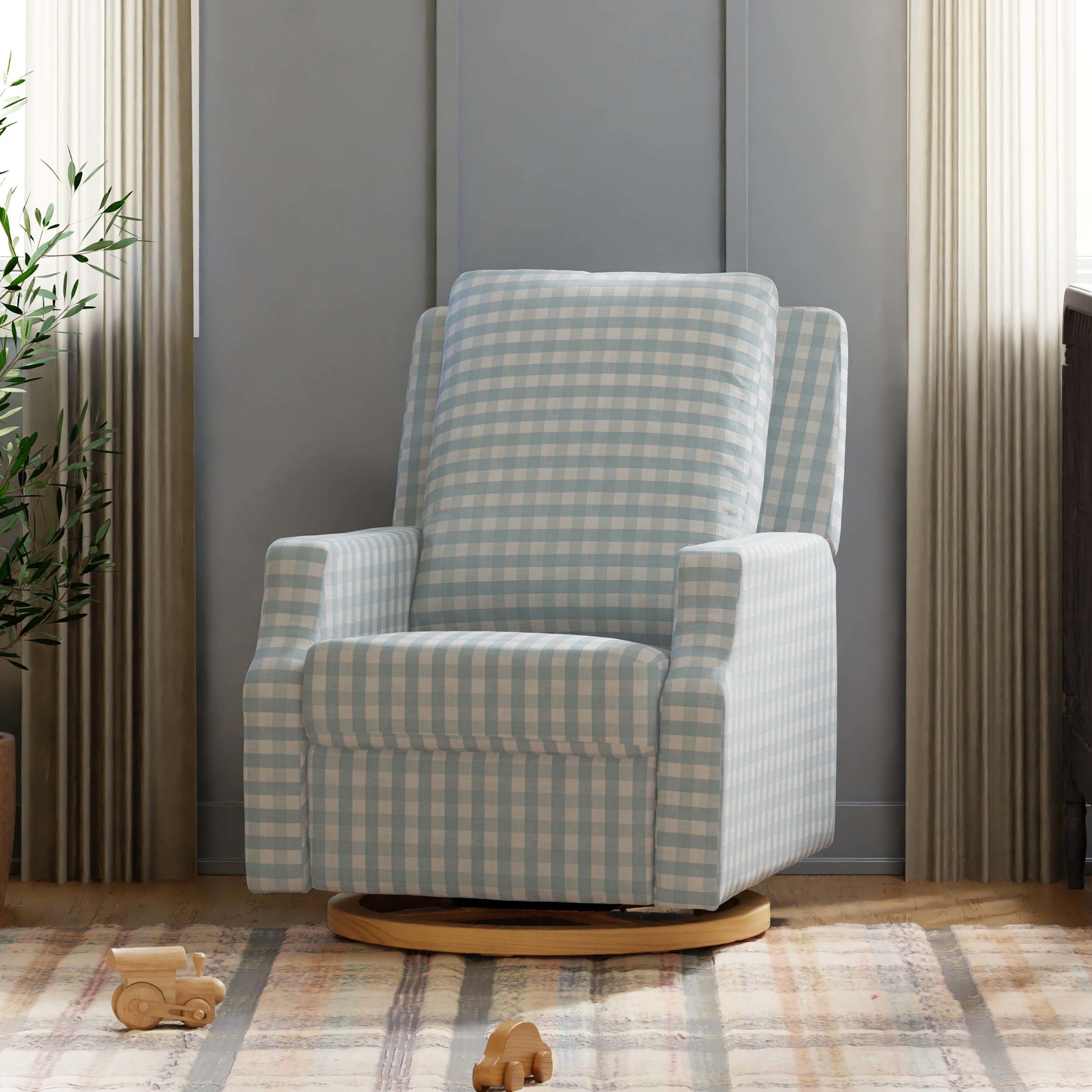 M22287BGHLB,Crewe Recliner and Swivel Glider in Blue Gingham with Light Wood Base