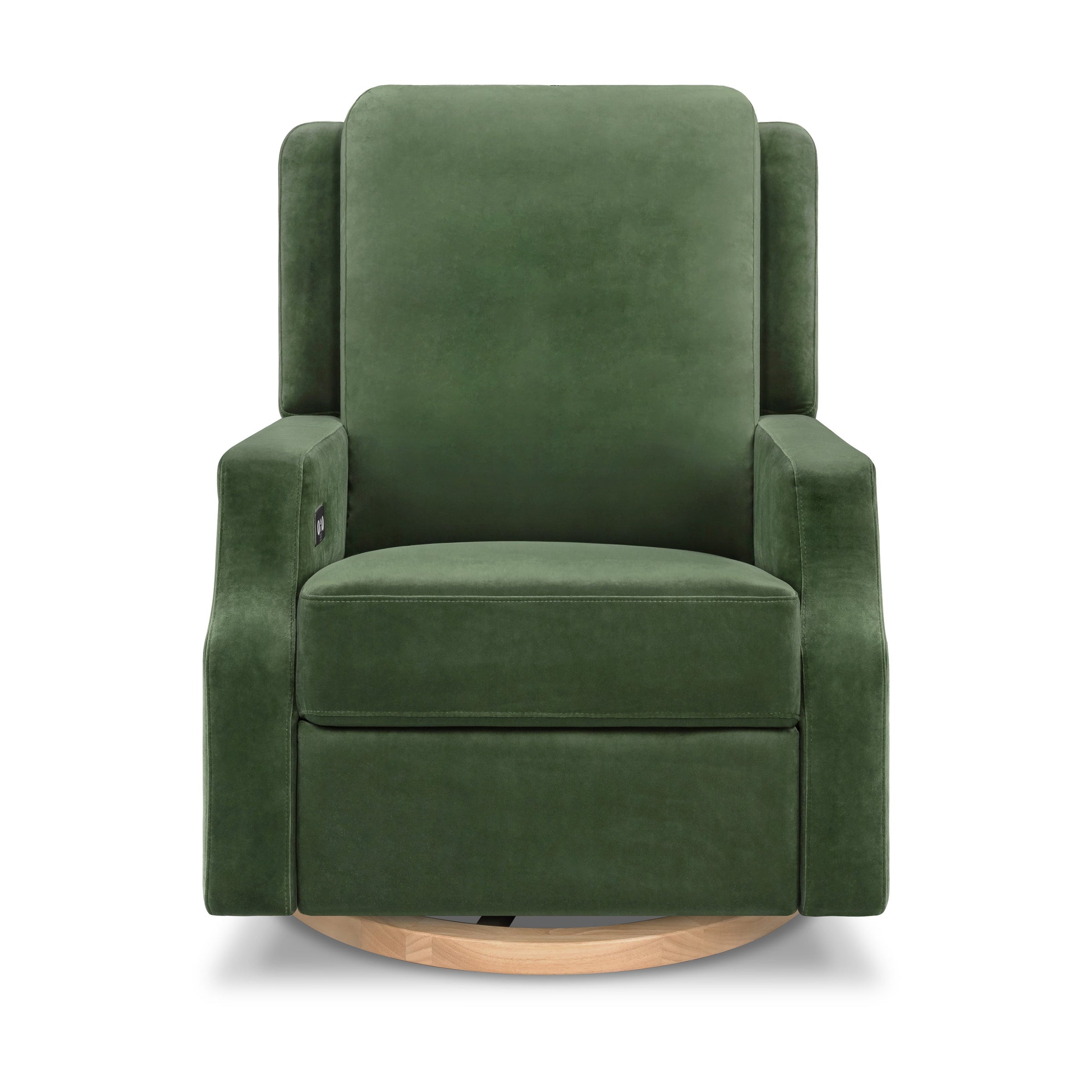 M22286FGVLB,Crewe Electronic Swivel Glider Recliner in Forest Green Velvet w/Light Wood Base