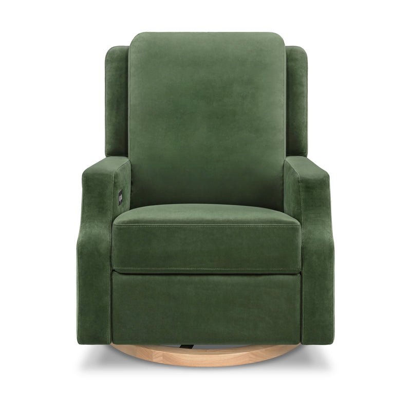 M22286FGVLB,Crewe Electronic Swivel Glider Recliner in Forest Green Velvet w/Light Wood Base