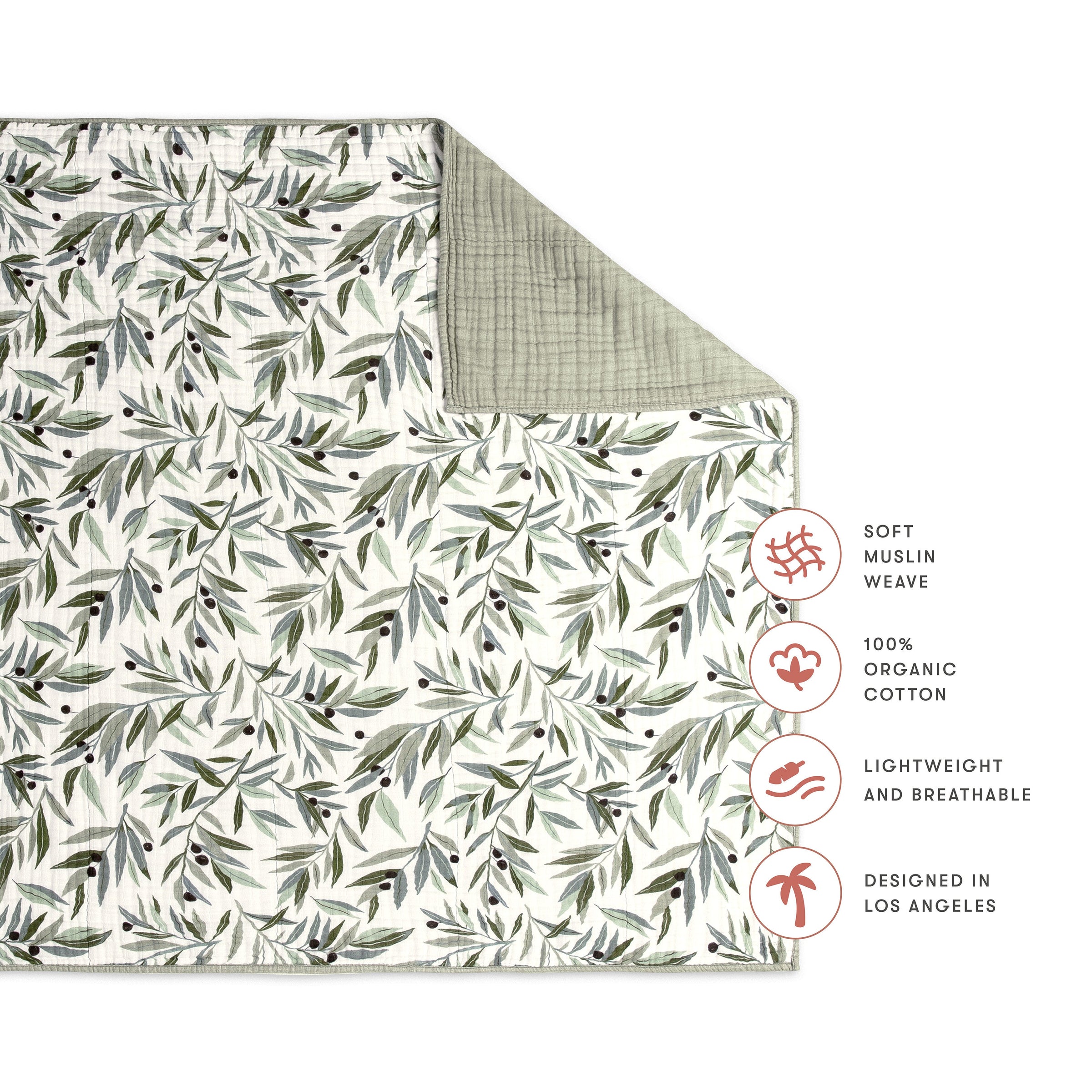 T28239,Olive Branches Muslin Quilt in GOTS Certified Organic Cotton