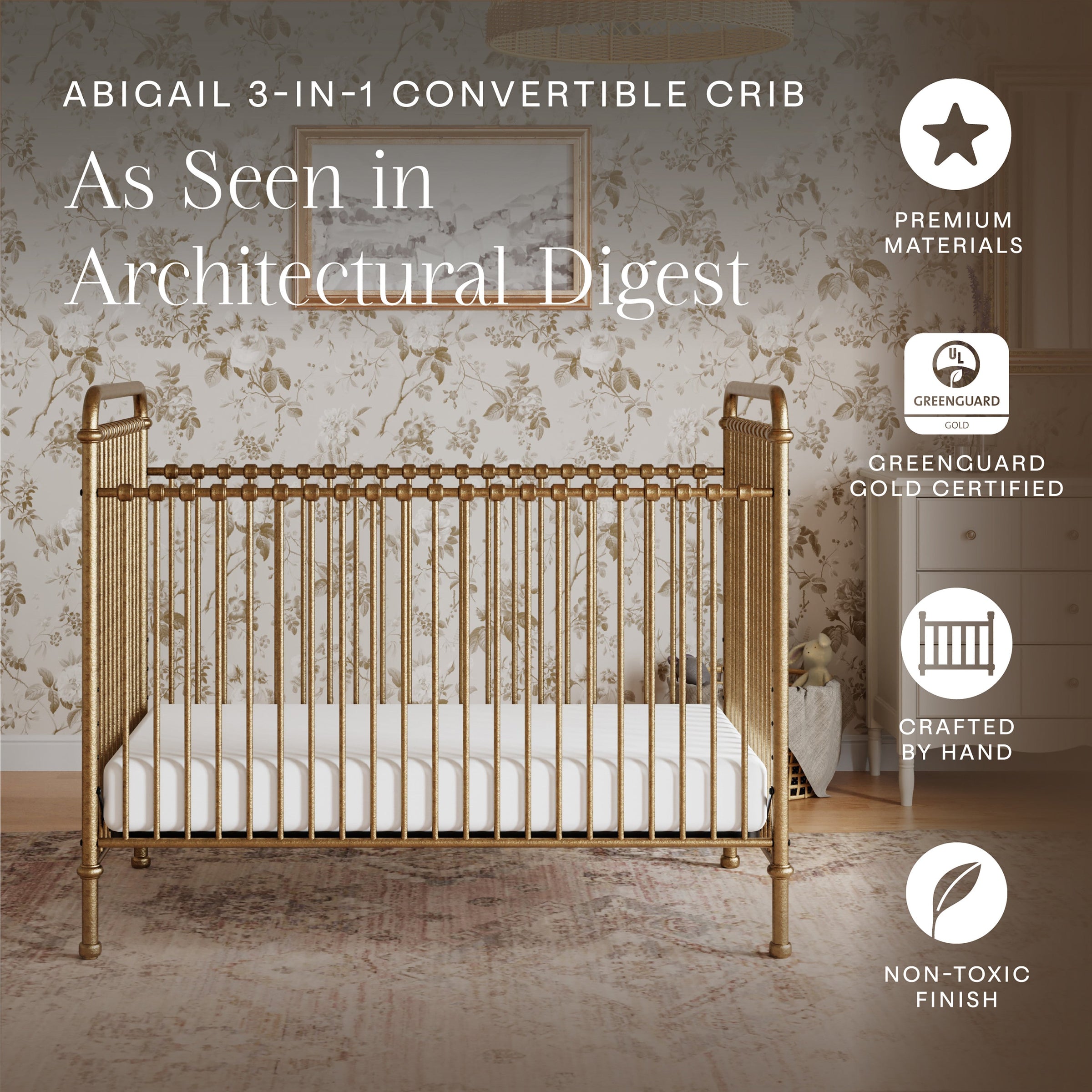 M15501VG,Abigail 3-in-1 Convertible Crib in Vintage Gold