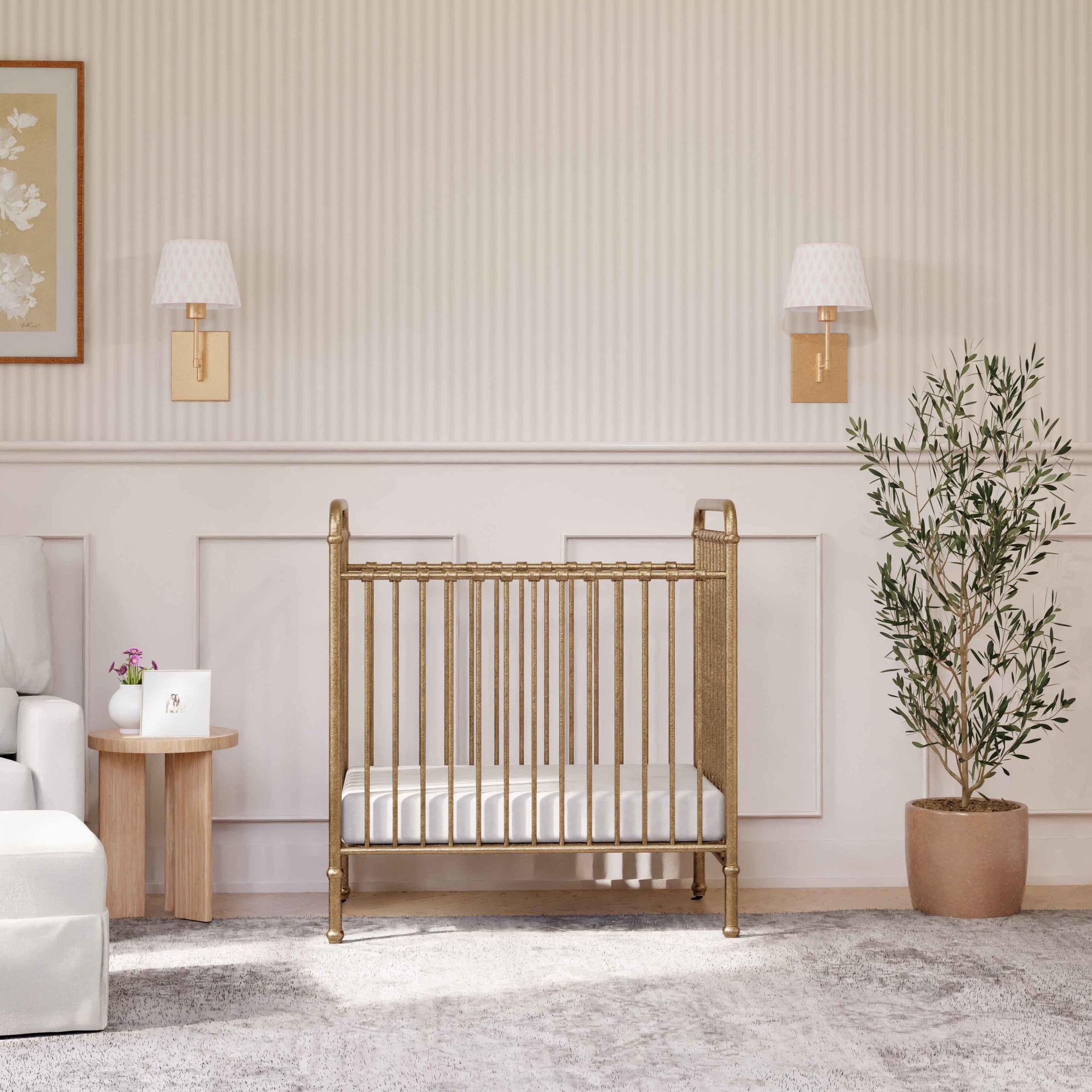 M15598VG,Abigail 3-in-1 Convertible Mini Crib in Vintage Gold