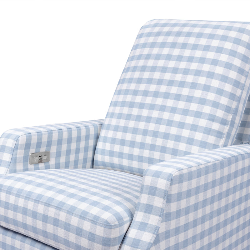 M22286BGHLB,Crewe Electronic Swivel Glider Recliner in Blue Gingham with Light Wood Base