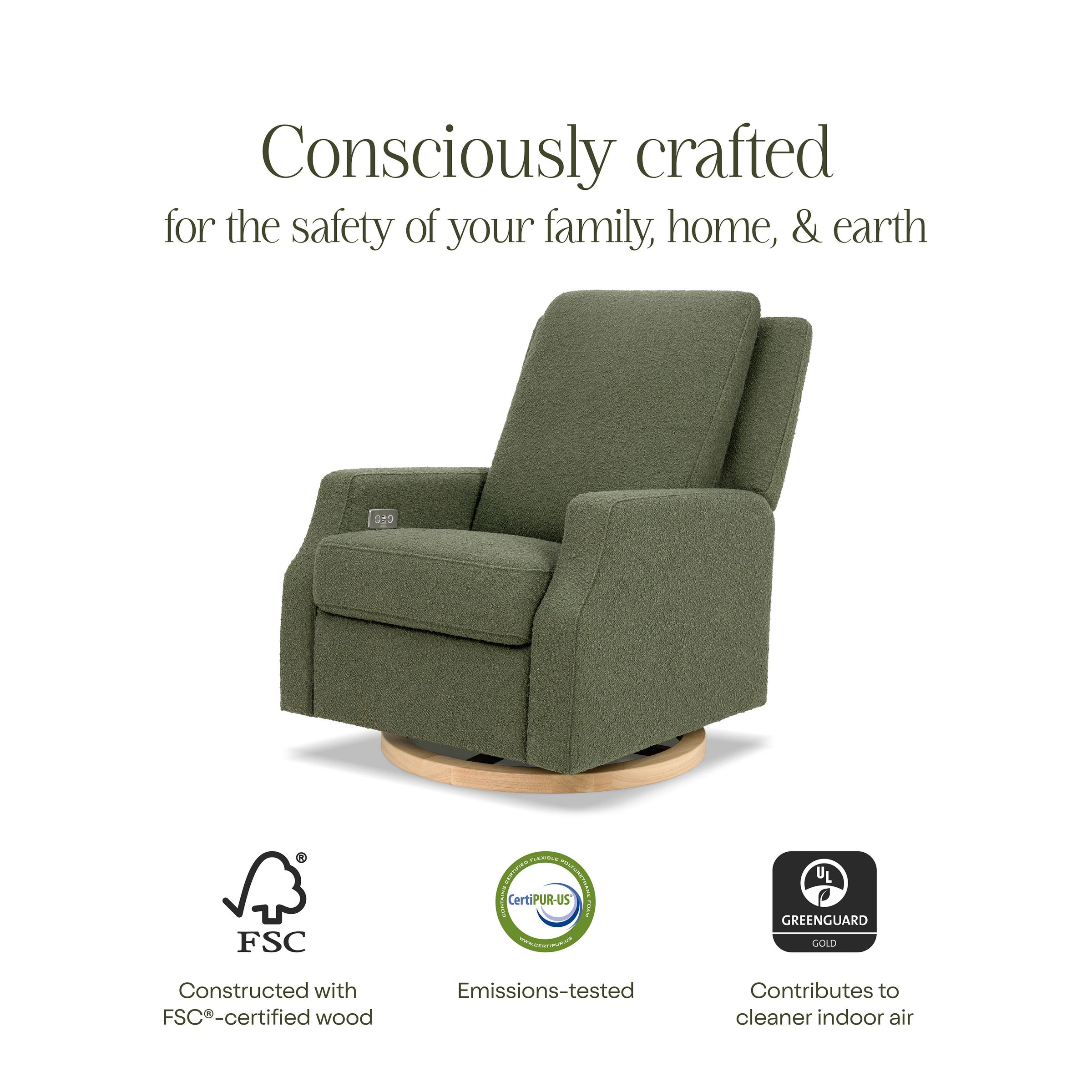M22286OBLB,Crewe Electronic Swivel Glider Recliner in Olive Boucle w/Light Wood Base