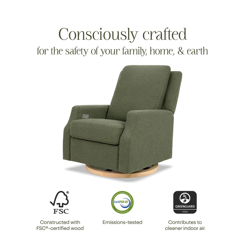 M22286OBLB,Crewe Electronic Swivel Glider Recliner in Olive Boucle w/Light Wood Base