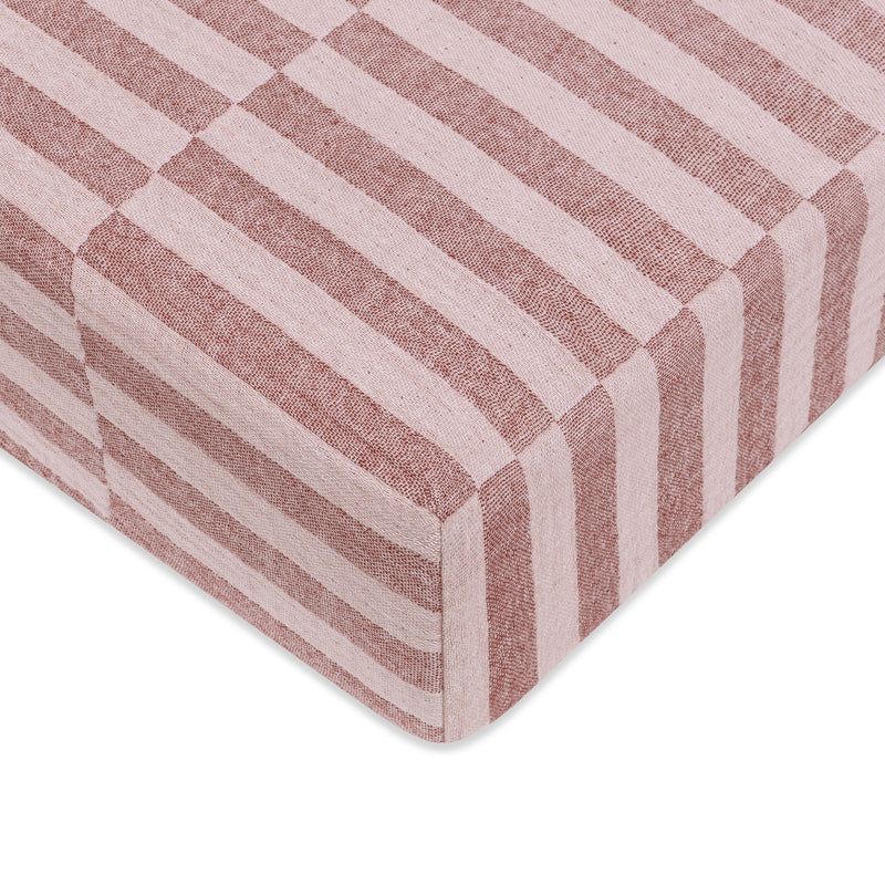 T30435,Maroon Stripe Muslin Crib Sheet in GOTS Certified Organic Cotton