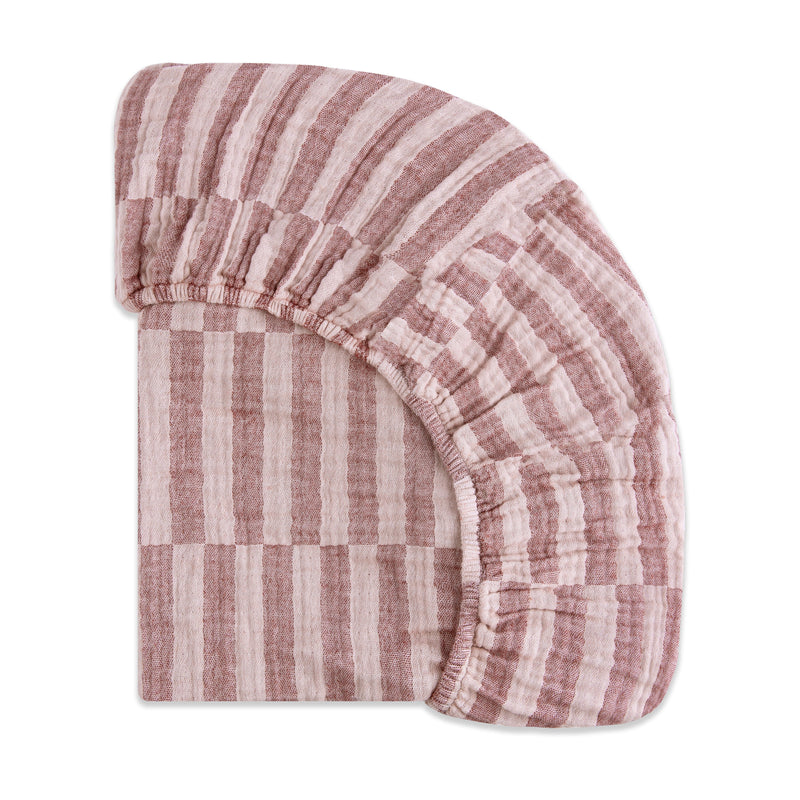 T30435,Maroon Stripe Muslin Crib Sheet in GOTS Certified Organic Cotton