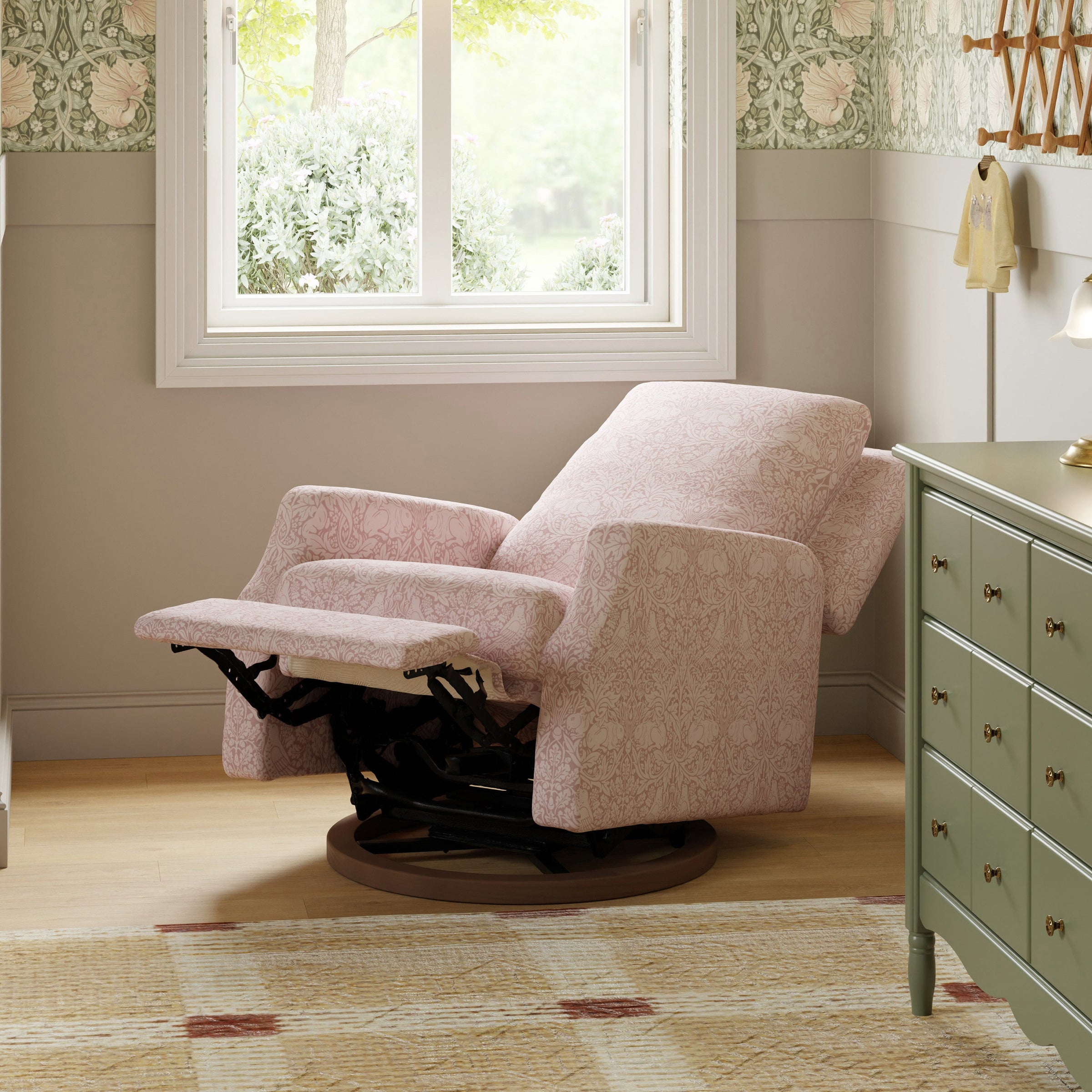 M22287PBRRDB,Crewe Recliner and Swivel Glider in Pure Brer Rabbit in Rose w/Dark Wood Base