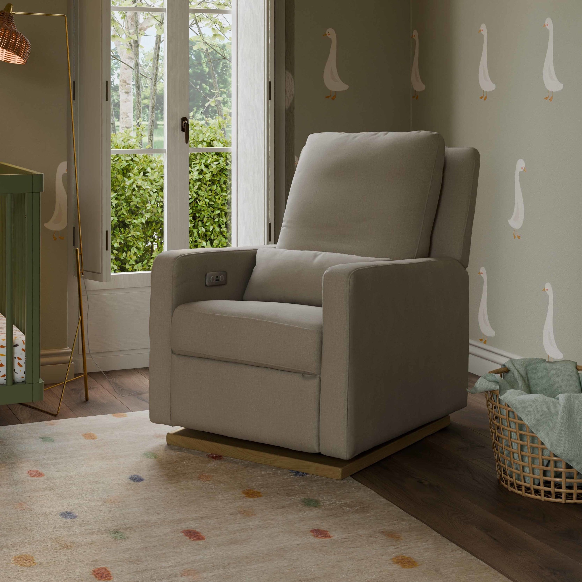 M23085PBEWLB,Sigi Glider Recliner w/ Electronic Control and USB in Performance Beach Eco-Weave w/Light Wood Base