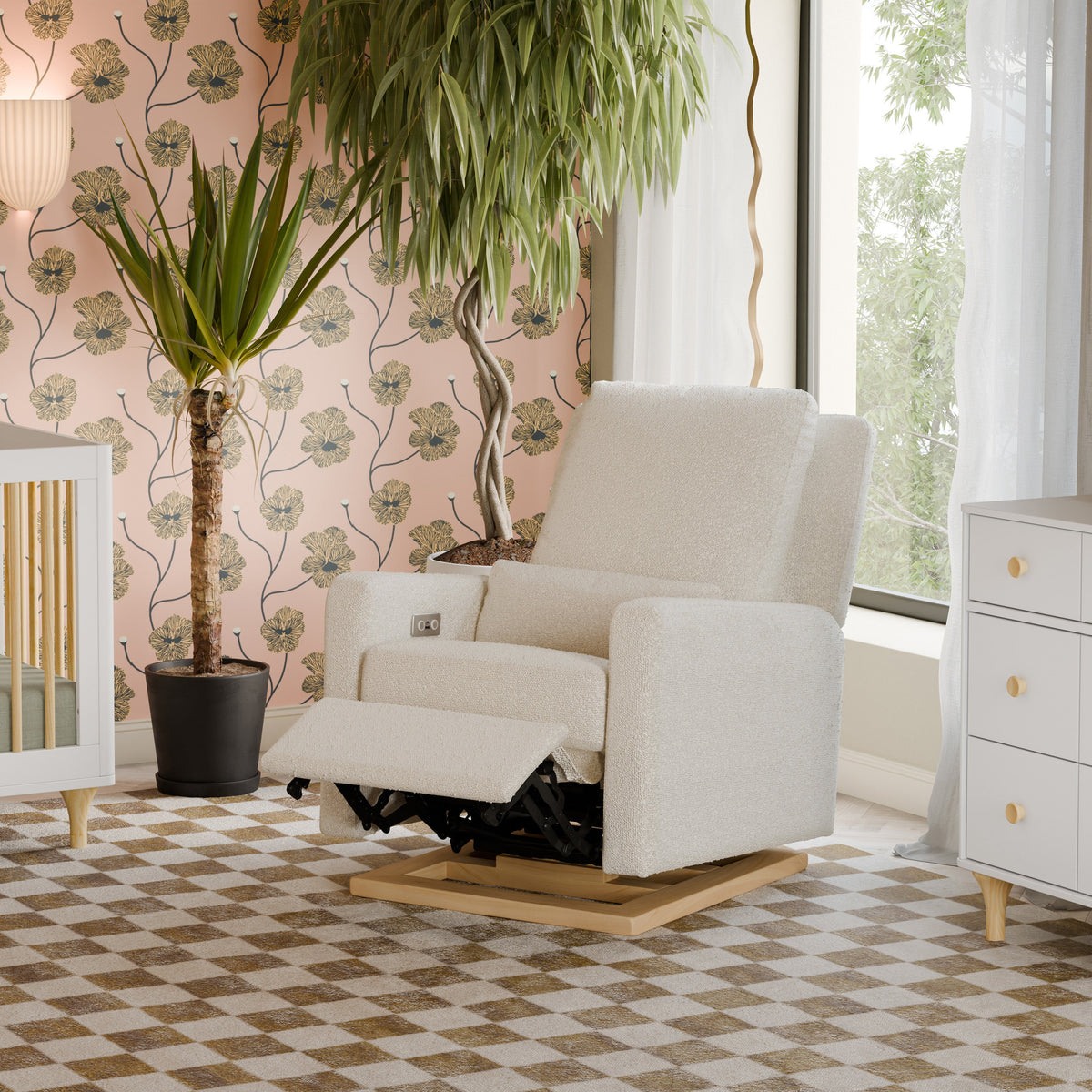 M23085WBLB,Sigi Glider Recliner w/ Electronic Control and USB in Ivory Boucle w/Light Wood Base