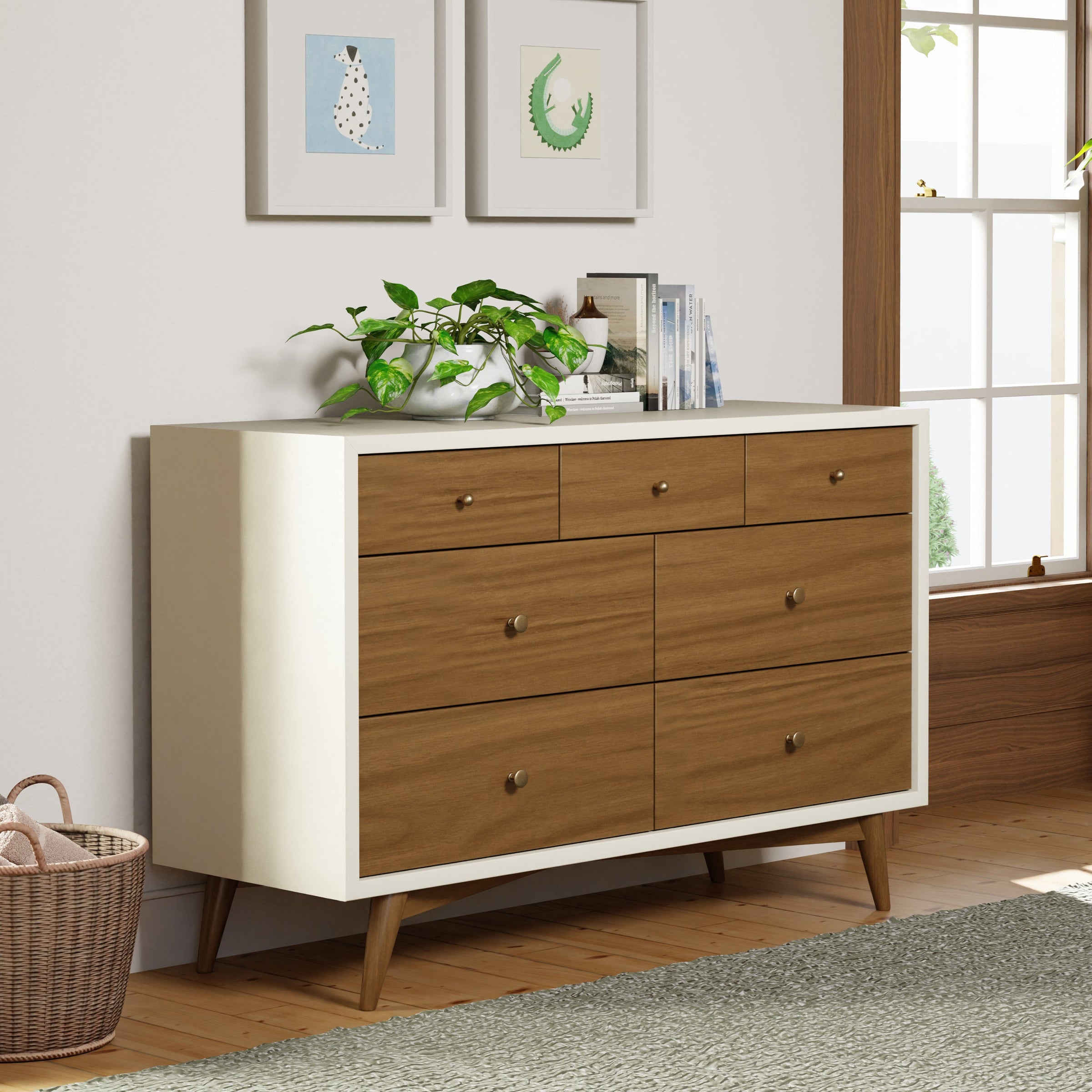 M15916RWNL,Palma 7-Drawer Double Dresser  Assembled in Warm White w/Natural Walnut