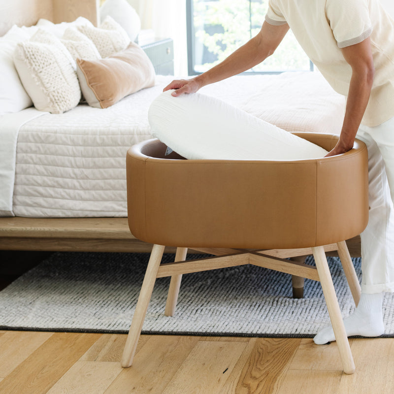 M26834GCLB,babyletto x GATHRE Capsule Bassinet in Camel