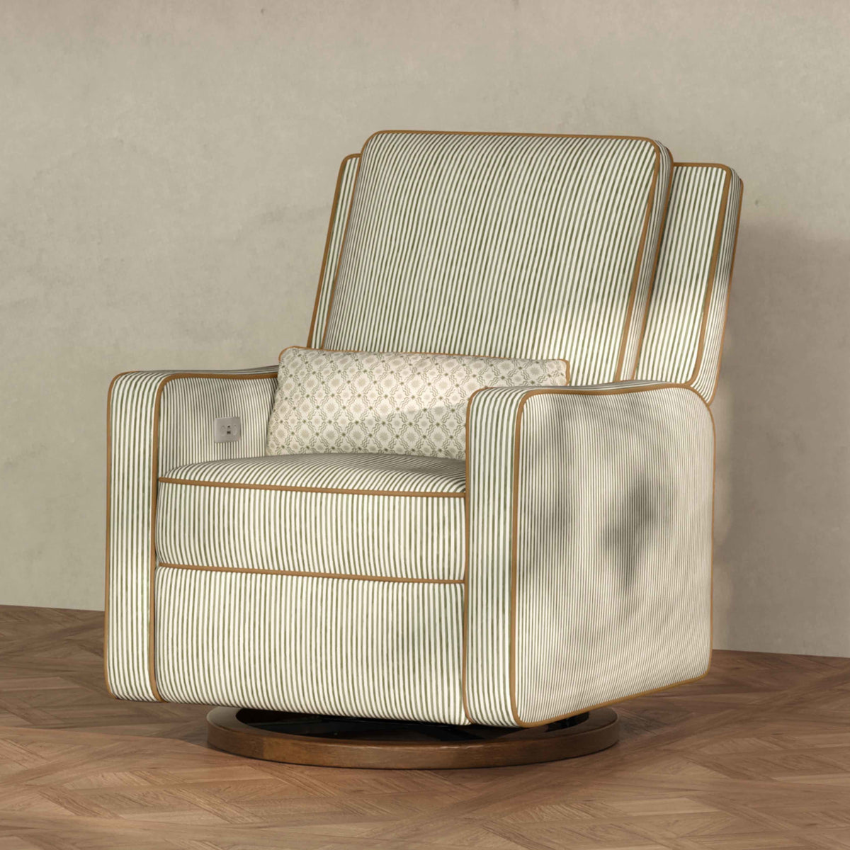 M23085OSCTB,Nate Berkus x Babyletto Sigi Power Recliner in Perf Olive Stripe Eco-Crossweave w/Toffee Base