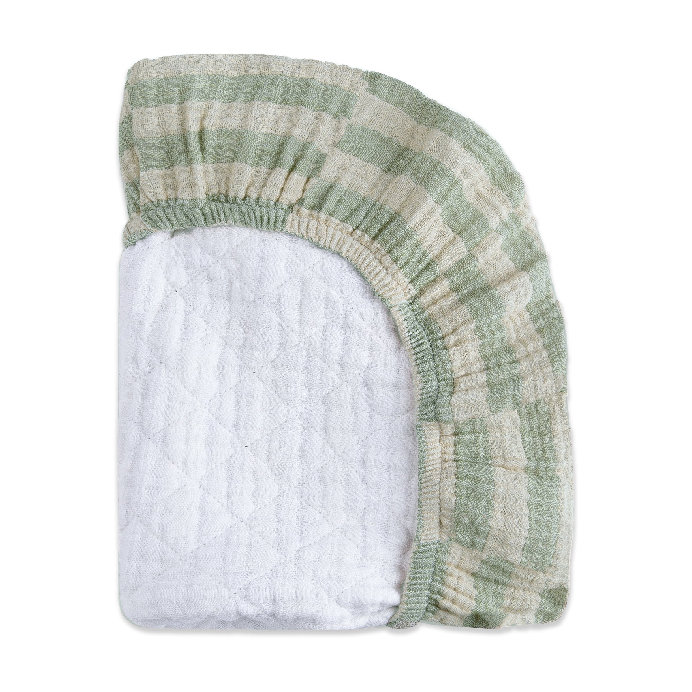 T30537,Moss Stripe Quilted Muslin Changing Pad Cover in GOTS Certified Organic Cotton