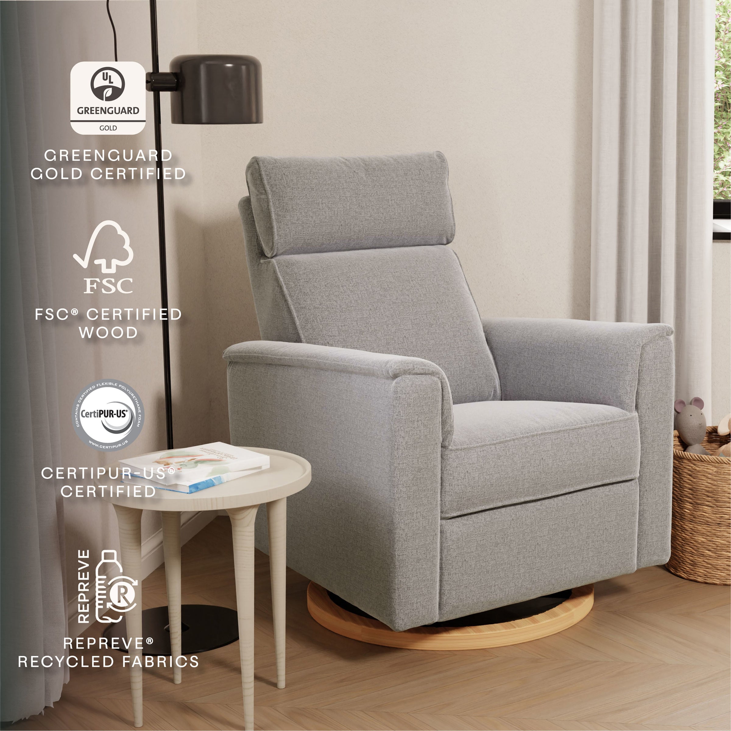 B17186PGEWLB,Willa Plus Power Glider Recliner w/ Power Headrest in Performance Grey Eco-Weave w/Light Wood Base