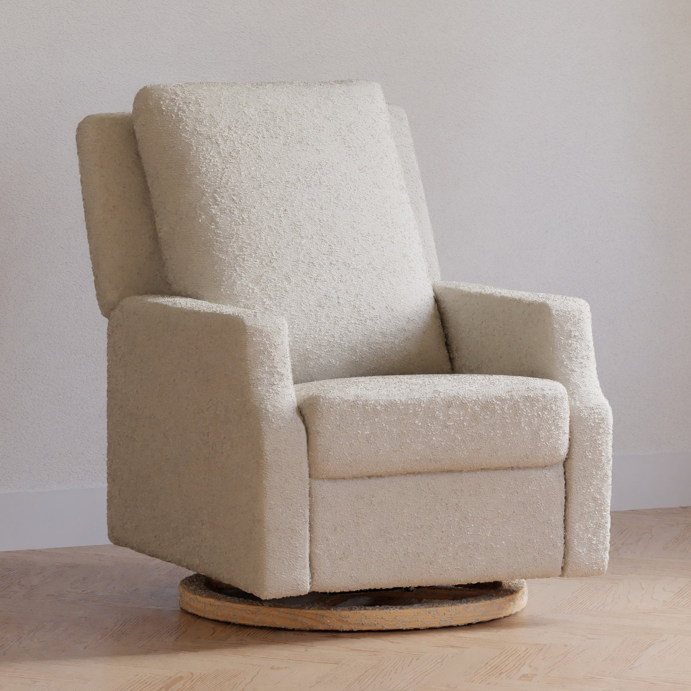 M22287WBLB,Crewe Recliner and Swivel Glider in Ivory Boucle w/Light Wood Base