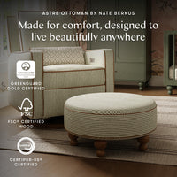 M33385OSCTF,Nate Berkus x Babyletto Astre Ottoman in Perf Olive Stripe Eco-Crossweave w/Toffee feet