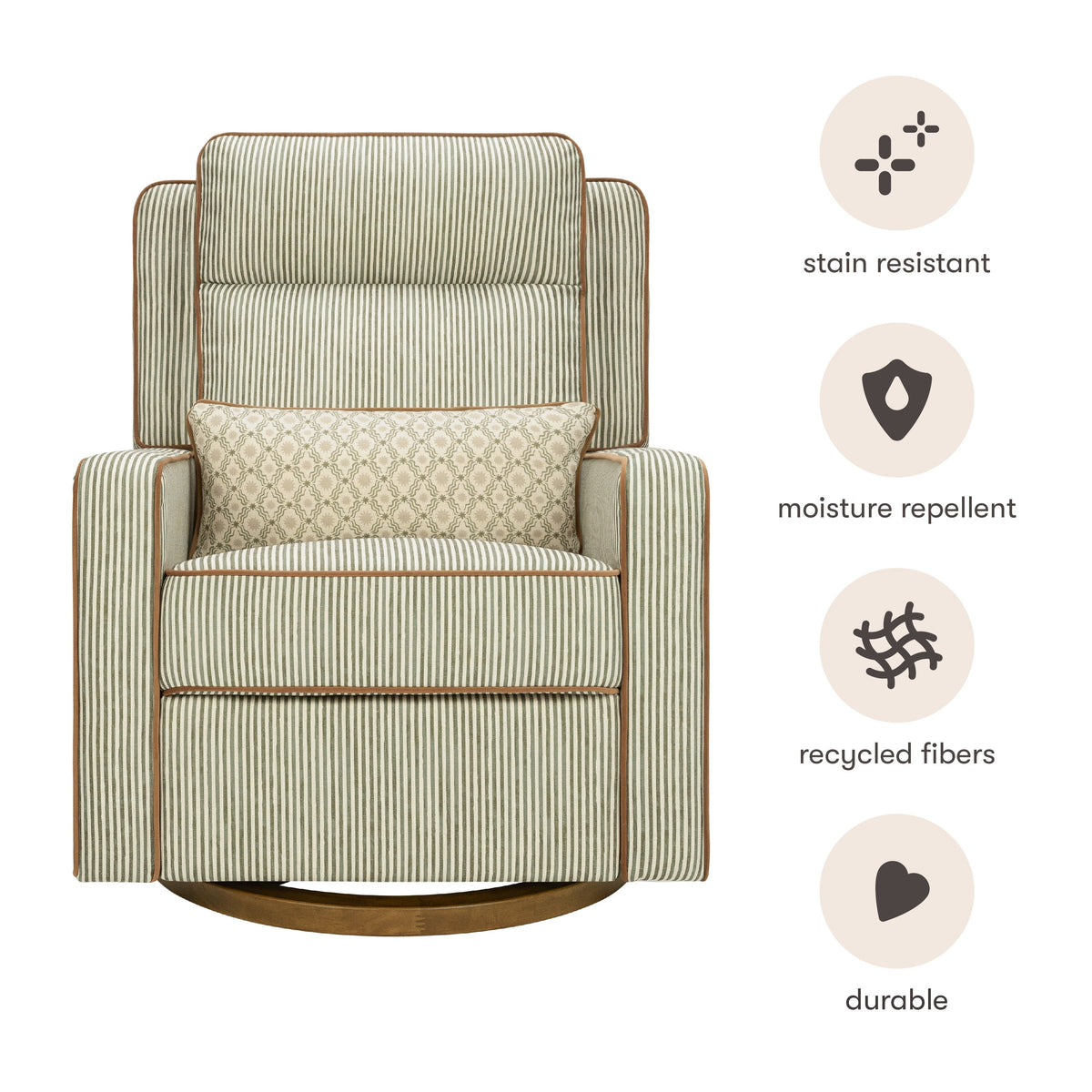 M23082OSCTB,Nate Berkus x Babyletto Sigi Pro Power Recliner in Perf Olive Stripe Eco-Crossweave w/Toffee Base