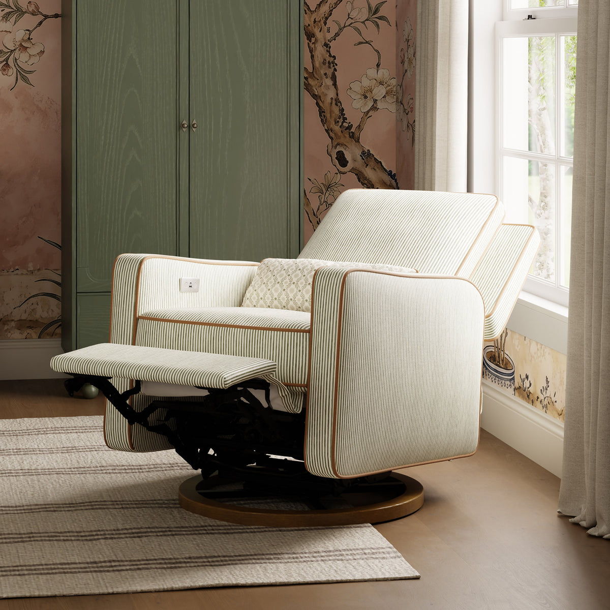 M23085OSCTB,Nate Berkus x Babyletto Sigi Power Recliner in Perf Olive Stripe Eco-Crossweave w/Toffee Base