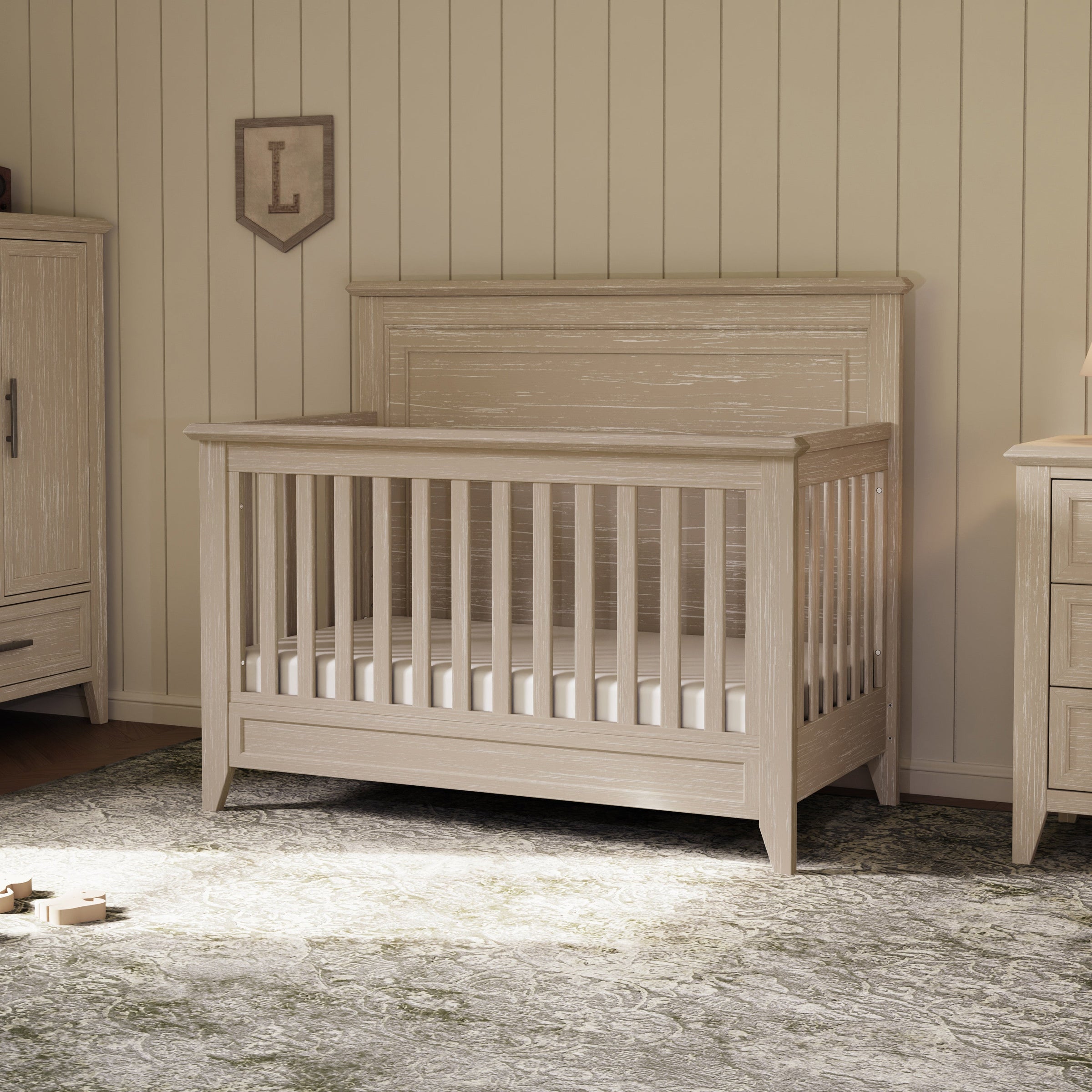 M24401SDB,Beckett Rustic 4-in-1 Convertible Flat Top Crib in Sandbar