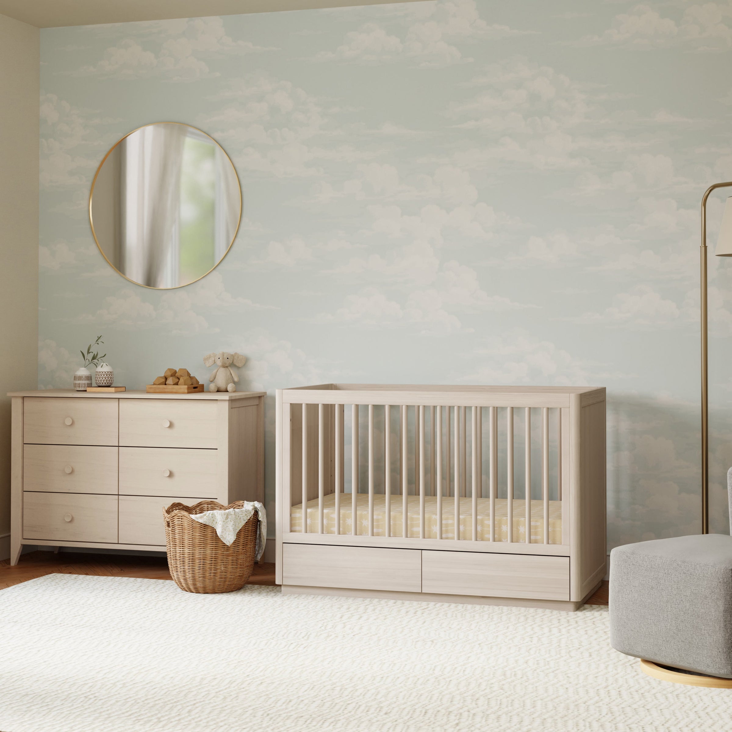 M21601NX,Bento 3-in-1 Convertible Storage Crib w/Toddler Bed Conversion Kit in Washed Natural