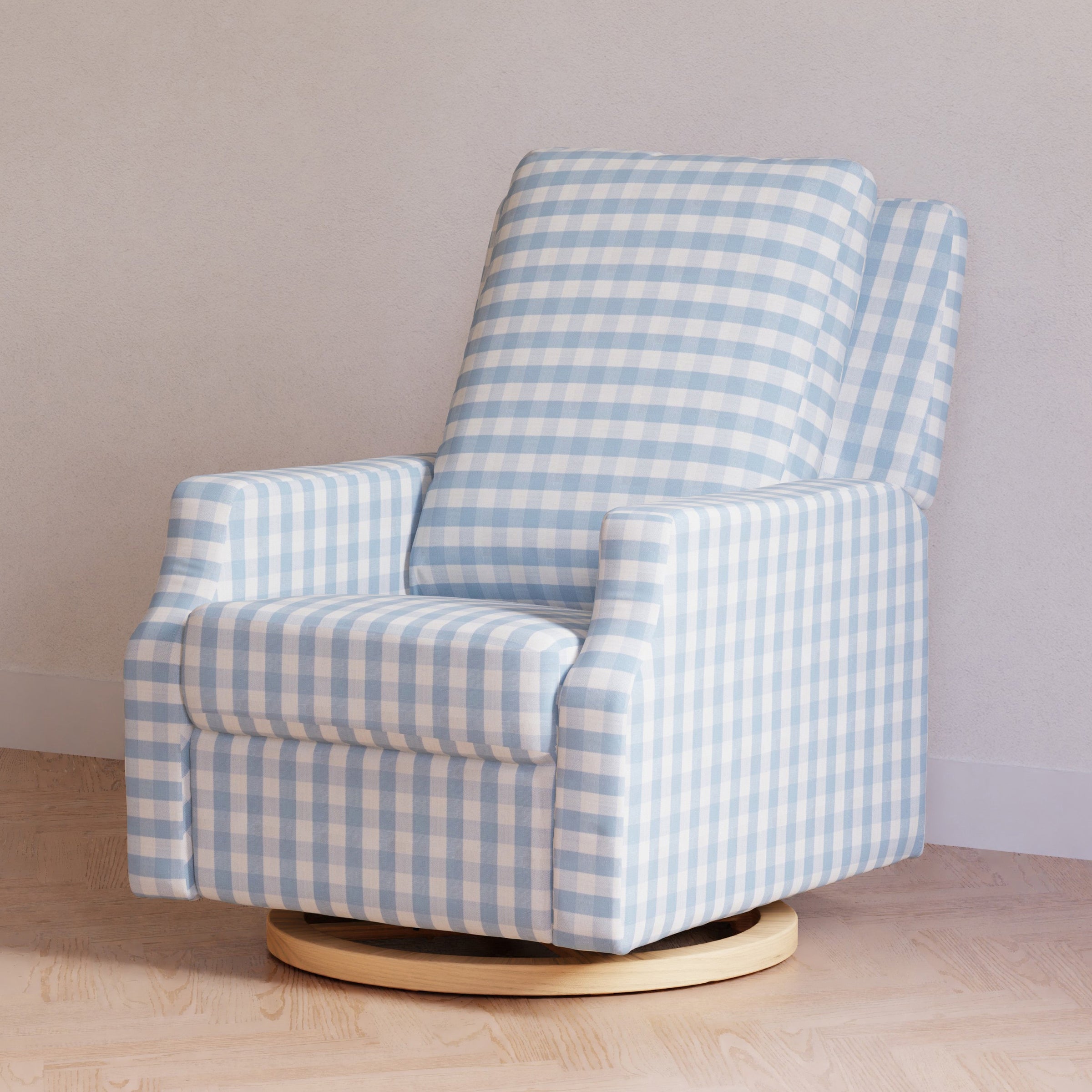 M22287BGHLB,Crewe Recliner and Swivel Glider in Blue Gingham with Light Wood Base