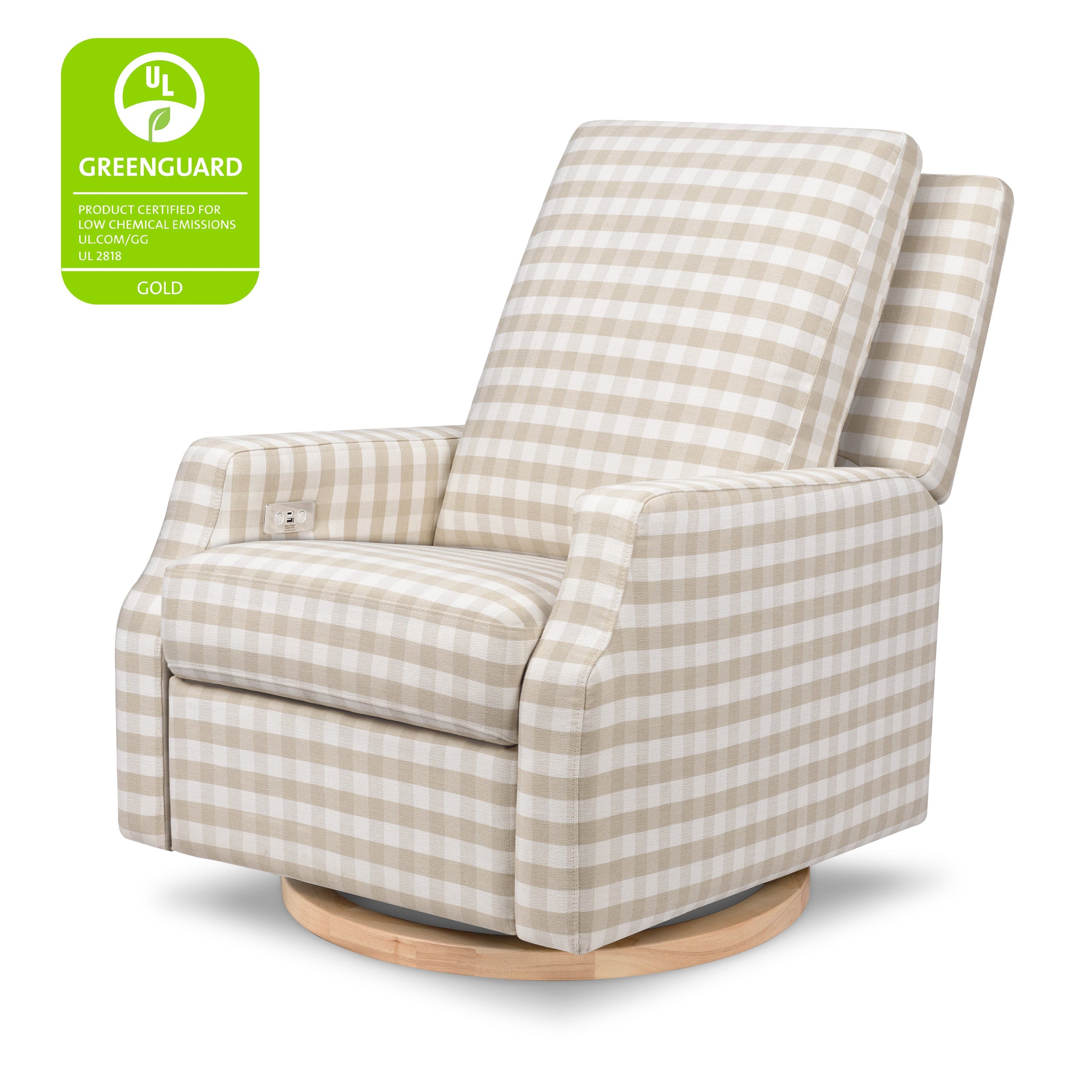 M22286TGHLB,Crewe Electronic Swivel Glider Recliner in Tan Gingham with Light Wood Base