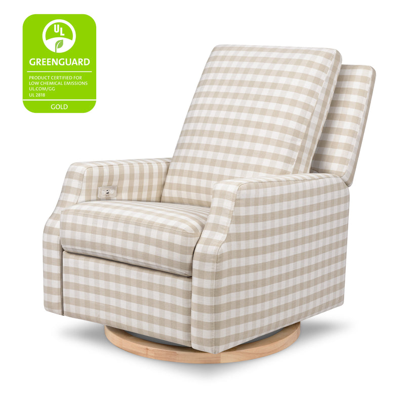 M22286TGHLB,Crewe Electronic Swivel Glider Recliner in Tan Gingham with Light Wood Base