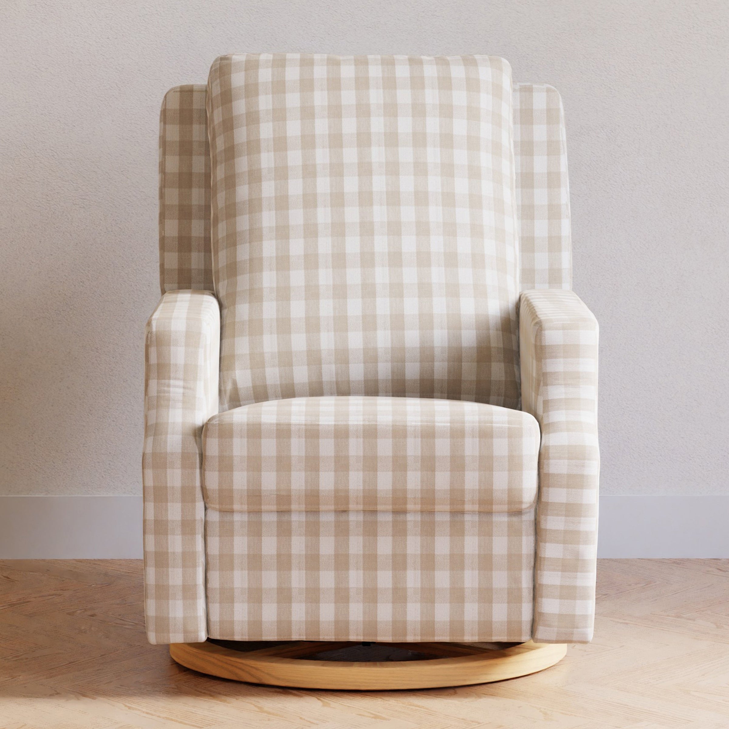 M22287TGHLB,Crewe Recliner and Swivel Glider in Tan Gingham with Light Wood Base