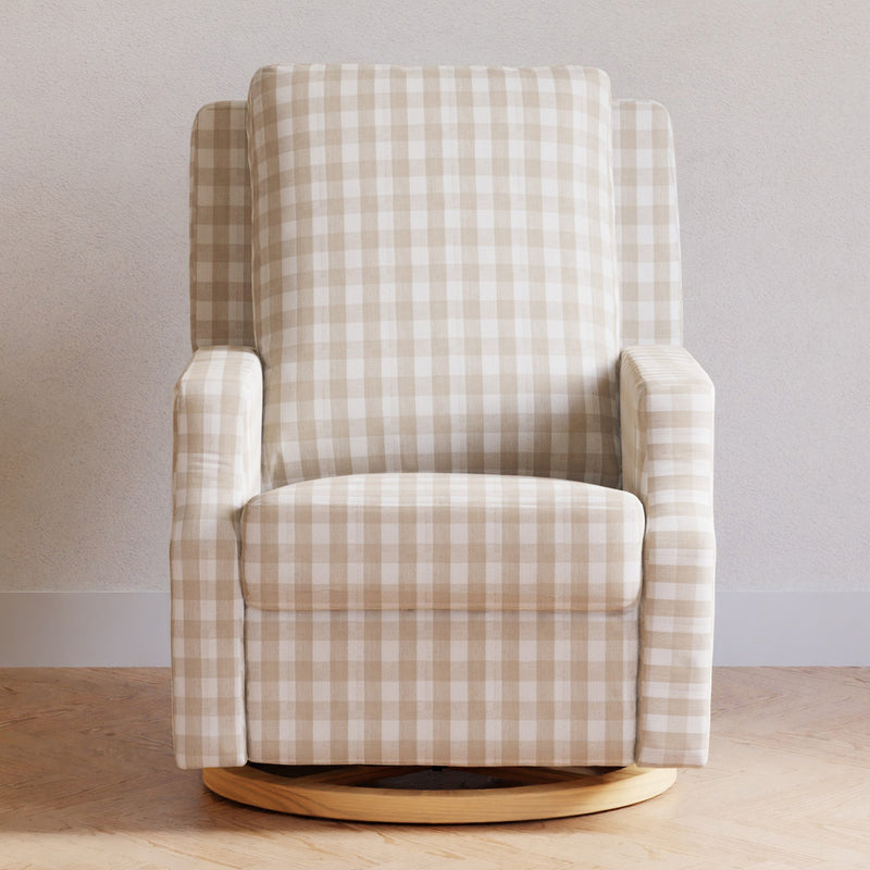 M22287TGHLB,Crewe Recliner and Swivel Glider in Tan Gingham with Light Wood Base