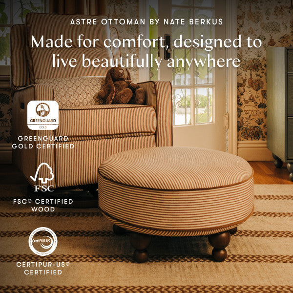 M33385BSCTF,Nate Berkus x Babyletto Astre Ottoman in Perf Bronze Stripe Eco-Crossweave w/Toffee feet