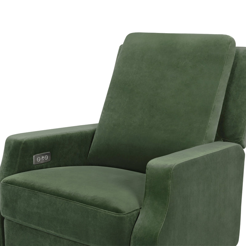 M22286FGVLB,Crewe Electronic Swivel Glider Recliner in Forest Green Velvet w/Light Wood Base