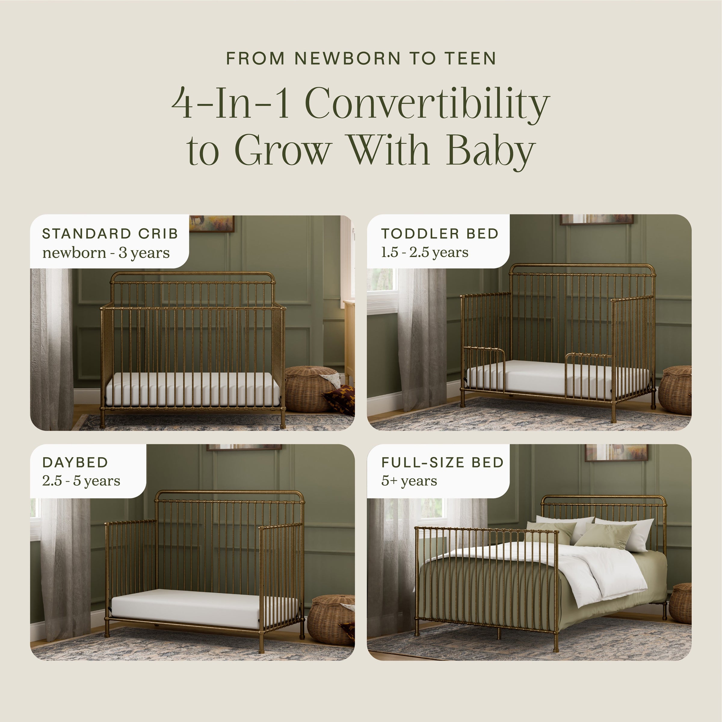 M15301VG,Winston 4-in-1 Convertible Crib in Vintage Gold