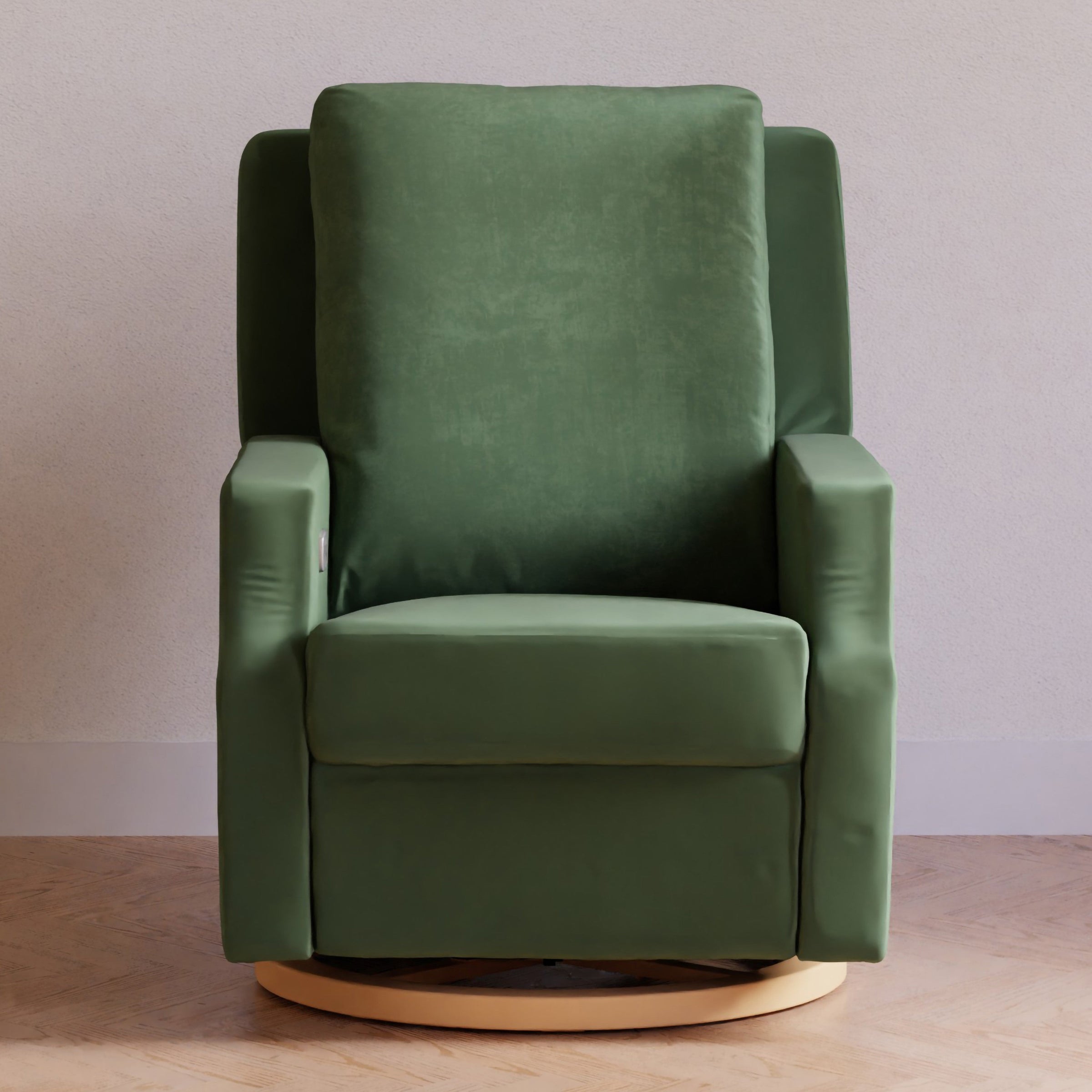M22286FGVLB,Crewe Electronic Swivel Glider Recliner in Forest Green Velvet w/Light Wood Base