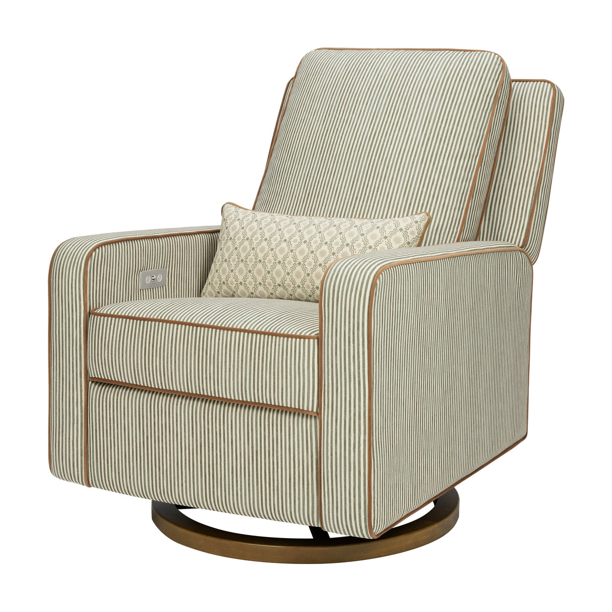 M23085OSCTB,Nate Berkus x Babyletto Sigi Power Recliner in Perf Olive Stripe Eco-Crossweave w/Toffee Base