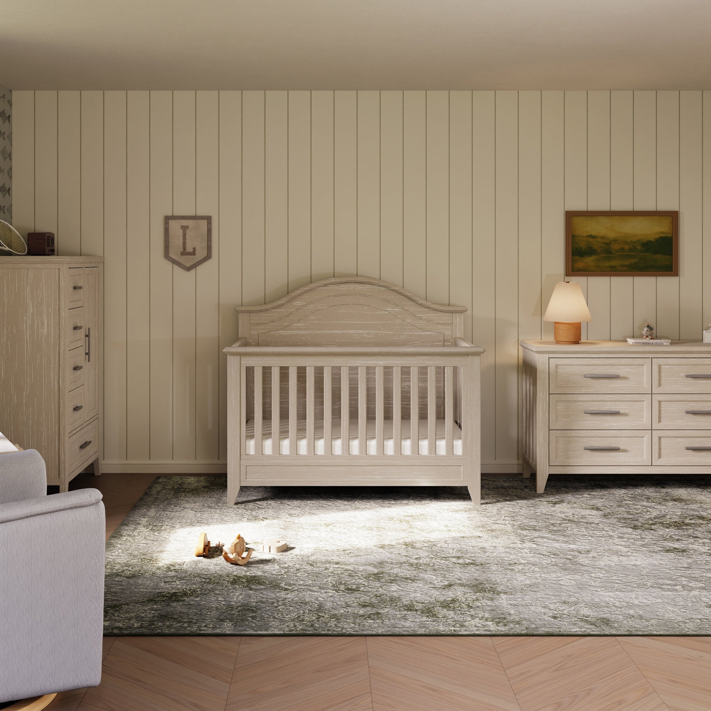 M34401SDB,Beckett Rustic 4-in-1 Convertible Curve Top Crib in Sandbar
