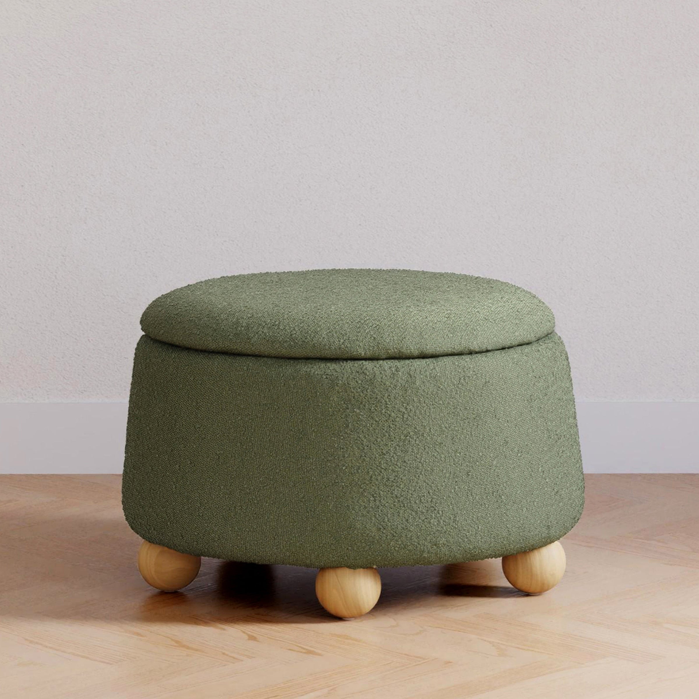 M30985POBHF,Tuffet Storage Ottoman in Performance Olive Boucle w/Honey Ball Feet