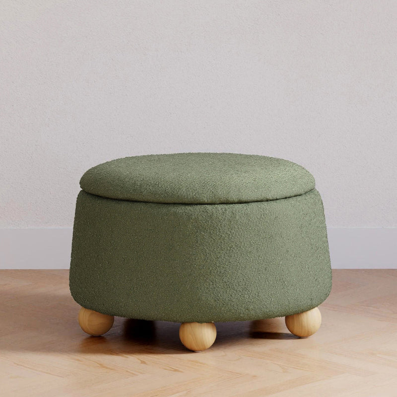 M30985POBHF,Tuffet Storage Ottoman in Performance Olive Boucle w/Honey Ball Feet