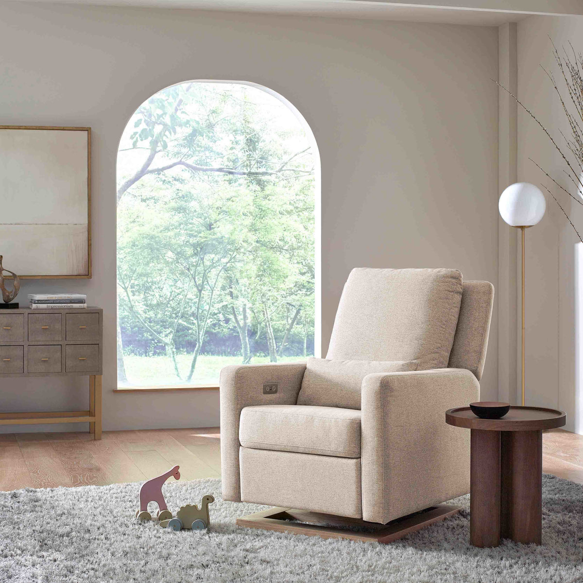 M23085PBEWLB,Babyletto,Sigi Glider Recliner w/ Electronic Control and USB in Performance Beach Eco-Weave w/Light Wood Base