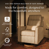 M23082OSCTB,Nate Berkus x Babyletto Sigi Pro Power Recliner in Perf Olive Stripe Eco-Crossweave w/Toffee Base