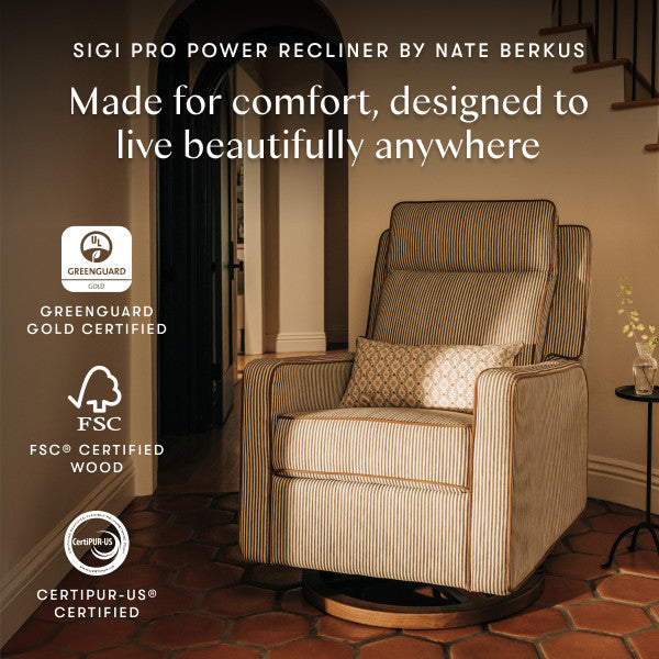 M23082OSCTB,Nate Berkus x Babyletto Sigi Pro Power Recliner in Perf Olive Stripe Eco-Crossweave w/Toffee Base