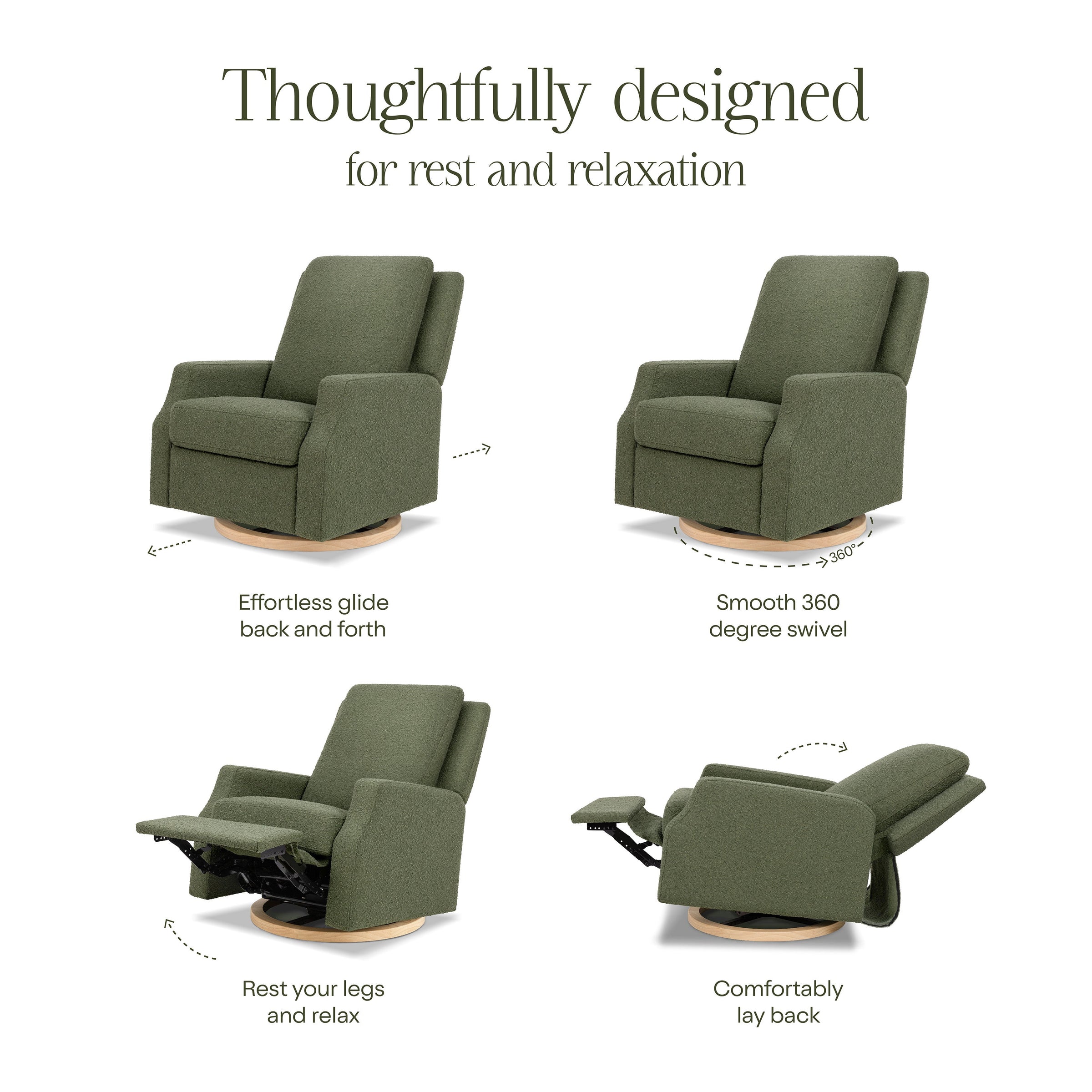 M22287OBLB,Crewe Recliner and Swivel Glider in Olive Boucle w/Light Wood Base