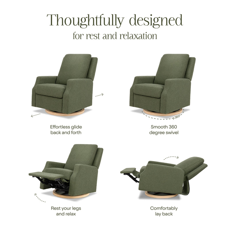M22287OBLB,Crewe Recliner and Swivel Glider in Olive Boucle w/Light Wood Base