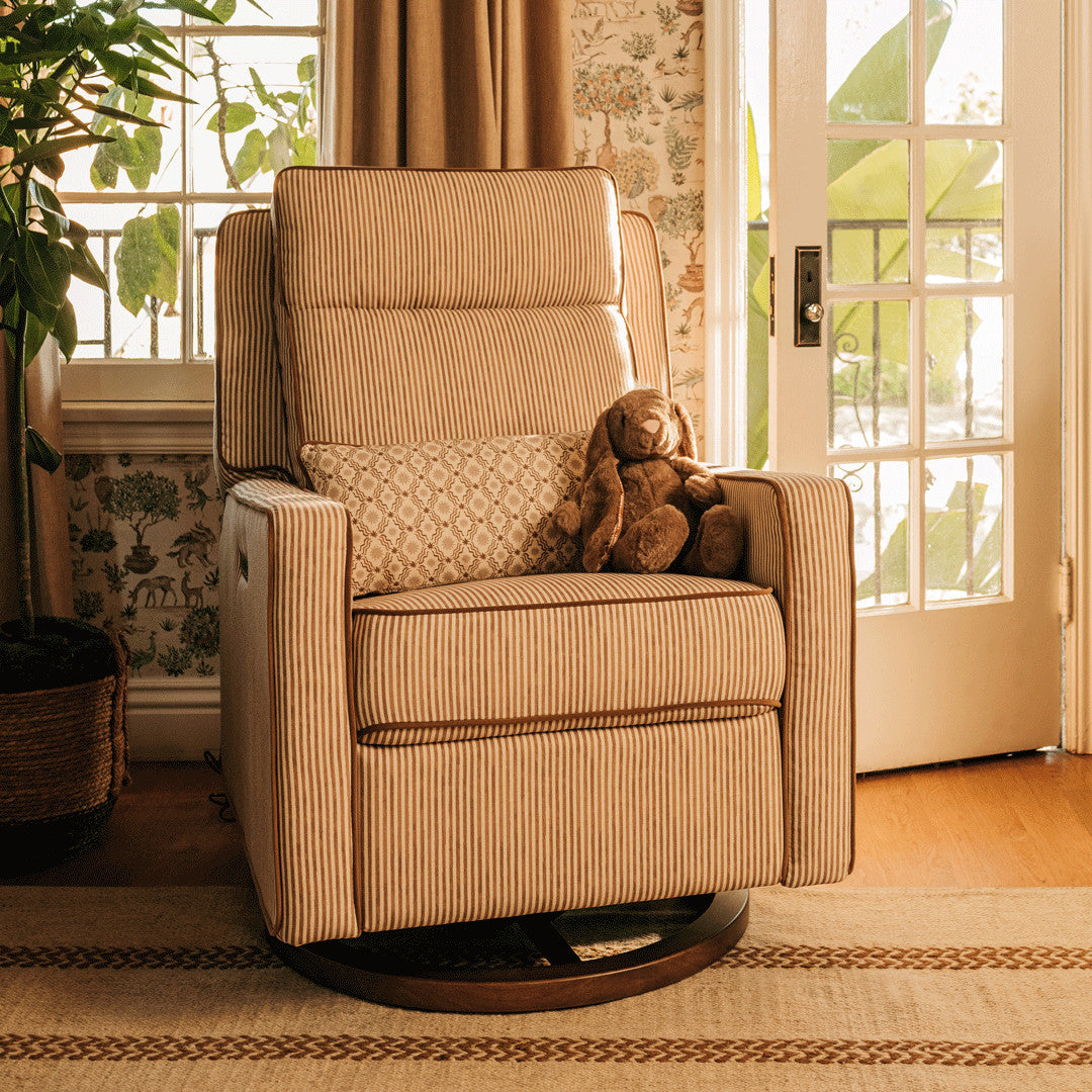 M23082BSCTB,Nate Berkus x Babyletto Sigi Pro Power Recliner in Perf Bronze Stripe Eco-Crossweave w/Toffee Base