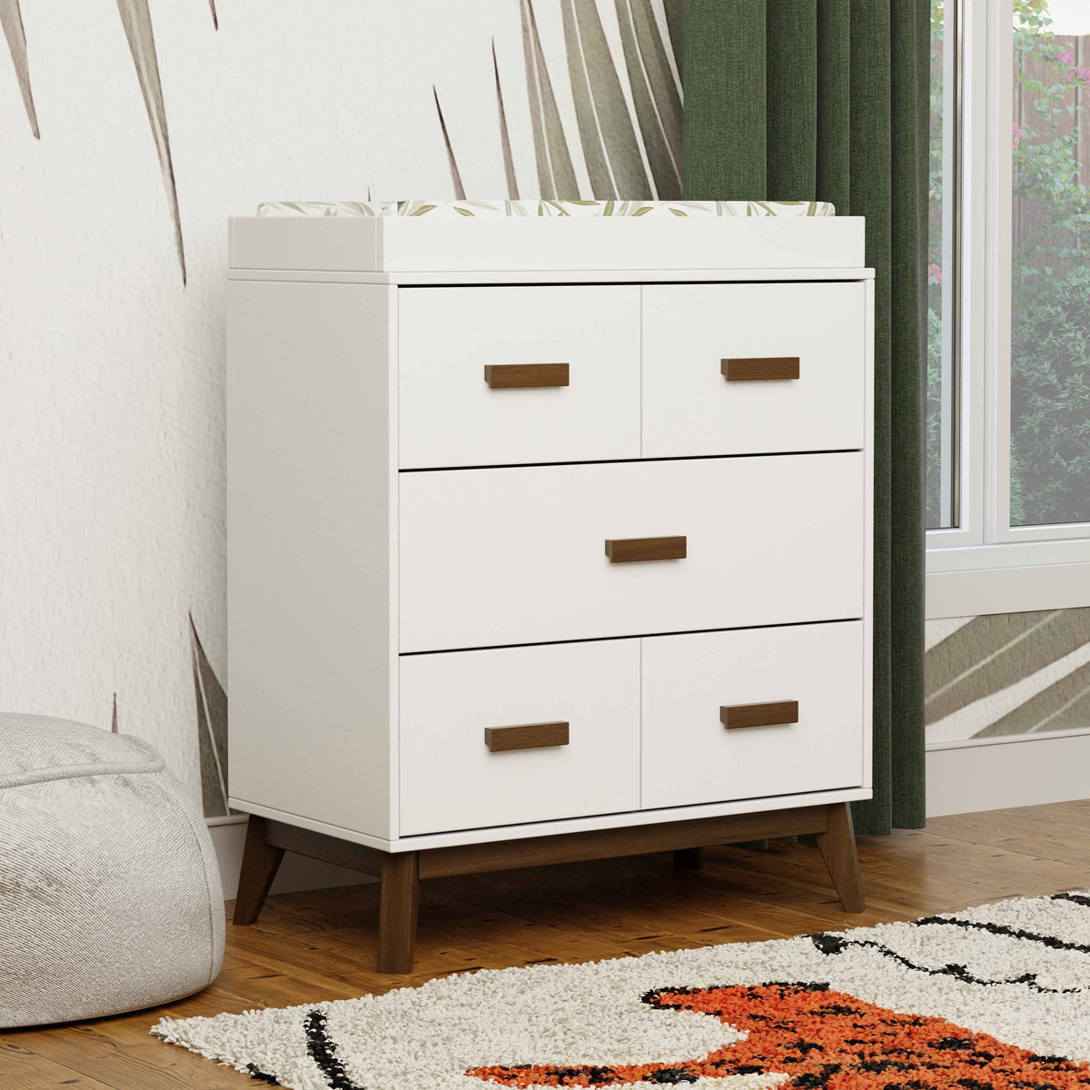 M5823WNL,Scoot 3-Drawer Changer Dresser in White/Natural Walnut Finish