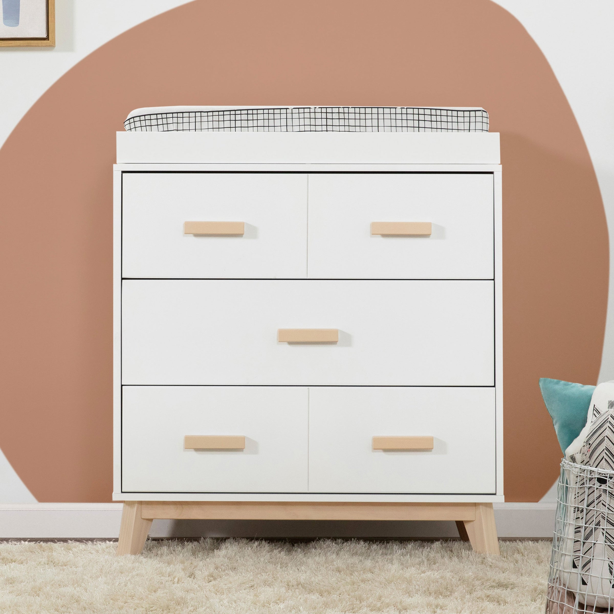 M5823WNX,Scoot 3-Drawer Changer Dresser in White/Washed Natural Finish